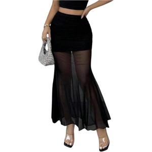 image:imageFloerns Womens Sheer Mesh Maxi Skirt See Through Fishtail Bodycon Elegant Party Long SkirtBlack
