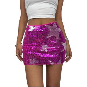 image:imageFloerns Womens Sparkly Sequin Skirt Y2k Going Out Rave Club Star Glitter SkirtHot Pink