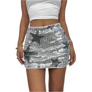 image:imageFloerns Womens Sparkly Sequin Skirt Y2k Going Out Rave Club Star Glitter SkirtSilver