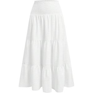 image:imageFloerns Womens Spring Summer 2026 Boho Flowy Skirts High Waisted Eyelet Tiered Ruffle A Line Maxi SkirtWhite