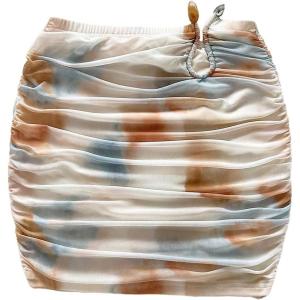 image:imageFloerns Womens Summer Mini Skirt Elastic Waist Ruched Ring Linked Boho Mini SkirtsBlue White Apricot