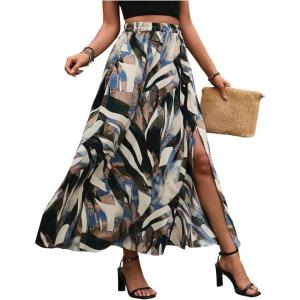image:imageFloerns Womens Summer Tropical Print Slit Long Skirt Elastic High Waist Flowy Maxi SkirtBlue Multi