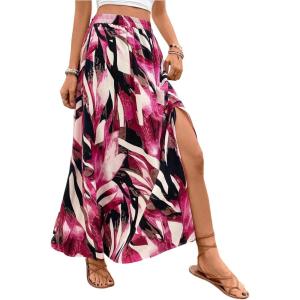 image:imageFloerns Womens Summer Tropical Print Slit Long Skirt Elastic High Waist Flowy Maxi SkirtHot Pink Multi