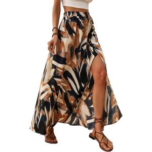 image:imageFloerns Womens Summer Tropical Print Slit Long Skirt Elastic High Waist Flowy Maxi SkirtMulticolor