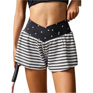 image:imageFloerns Womens Tennis Golf Workout Shorts Striped Athletic Gym Mini Shorts with PocketBlack and White