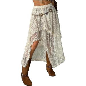 image:imageFloerns Womens Western Lace Long Skirt Asymmetrical Ruffle Trim Maxi Skirt Without BeltApricot