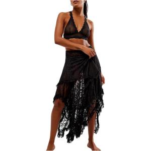 image:imageFloerns Womens Western Lace Long Skirt Asymmetrical Ruffle Trim Maxi Skirt Without BeltBlack