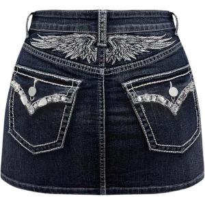 image:imageFloerns Womens Wing Embroidery Denim Skirts Rhinestone Stretch Y2k Mini SkirtBlue