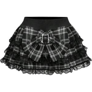 image:imageFloerns Womens Y2K Bow Lace Plaid Skirt High Waisted A Line Layered Ruffle Mini SkirtsBlack