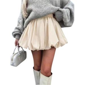 image:imageFloerns Womens Y2k Bubble Short Skirt Elastic Waist Pleated Hem Puffy Trendy Cute Going Out Mini SkirtApricot