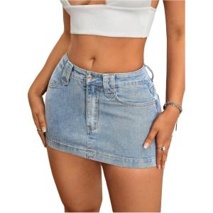 image:imageFloerns Womens Y2k Denim Skirts Mid Waist Bodycon Mini Skirts with PocketLight Wash