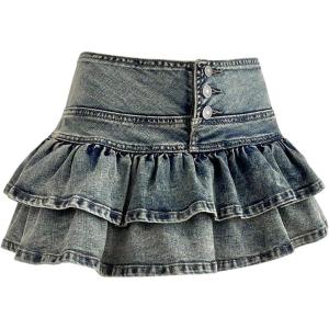 image:imageFloerns Womens Y2k Layered Ruffle Jean Skirt Button Coquette Denim Mini SkirtDark Wash