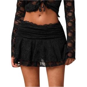 image:imageFloerns Womens Y2k Mini Skirts Mid Waist Sheer Lace Date Night A Line SkirtsBlack
