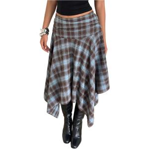 image:imageFloerns Womens Y2k Plaid Midi Skirt Vintage Asymmetrical Hem Checkered Low Rise Flowy SkirtBlue