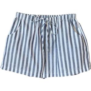 image:imageFloerns Womens Elastic Waist Double Layered Linen Shorts Knot Front Casual Loose ShortsBlack and White Striped