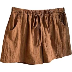 image:imageFloerns Womens Elastic Waist Double Layered Linen Shorts Knot Front Casual Loose ShortsBrown