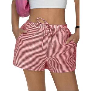 image:imageFloerns Womens Elastic Waist Double Layered Linen Shorts Knot Front Casual Loose ShortsRed White Striped