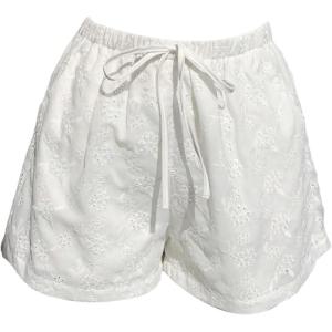 image:imageFloerns Womens Elastic Waist Double Layered Linen Shorts Knot Front Casual Loose ShortsWhite Eyelet