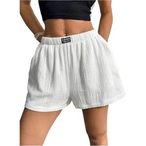 image:imageFloerns Womens Elastic Waist Wide Leg Shorts Casual Textured Shorts with PocketWhite