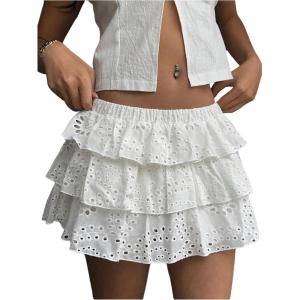 image:imageFloerns Womens Eyelet Embroidered Layered Ruffle Mini Skort Elastic Waist Summer ShortsWhite Eyelet