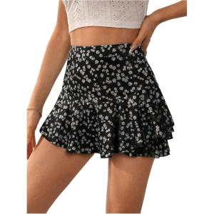image:imageFloerns Womens Floral High Waist Mini Skorts Vacation Ruffle Hem Layered Skirt ShortsBlack