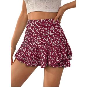 image:imageFloerns Womens Floral High Waist Mini Skorts Vacation Ruffle Hem Layered Skirt ShortsBurgundy