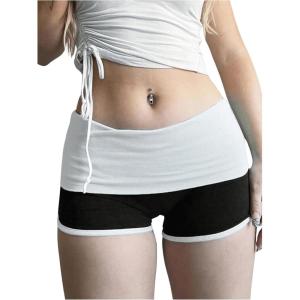 image:imageFloerns Womens Fold Over Low Waisted Micro Mini Shorts Skinny Summer Booty ShortsBlack and White