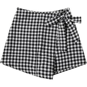 image:imageFloerns Womens Gingham Tie Side Wrap Skort High Waisted Zip Up Asymmetrical ShortsBlack and White