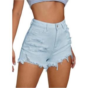 image:imageFloerns Womens High Waist Distressed Denim Shorts Raw Hem Straight Leg Jean ShortsBlue