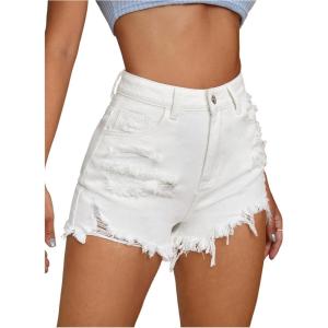 image:imageFloerns Womens High Waist Distressed Denim Shorts Raw Hem Straight Leg Jean ShortsWhite