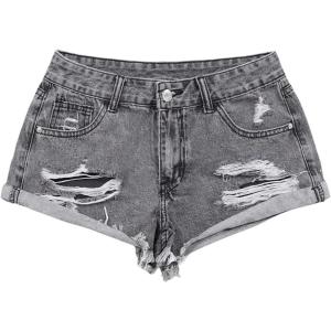 image:imageFloerns Womens Low Waisted Ripped Mini Jean Shorts Roll Hem Distressed Y2k Denim ShortsGrey