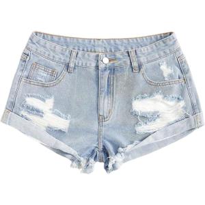 image:imageFloerns Womens Low Waisted Ripped Mini Jean Shorts Roll Hem Distressed Y2k Denim ShortsLight Wash