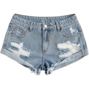 image:imageFloerns Womens Low Waisted Ripped Mini Jean Shorts Roll Hem Distressed Y2k Denim ShortsMedium Wash