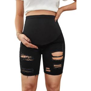 image:imageFloerns Womens Maternity Ripped Roll Hem Jeans Pregnant Denim ShortsA Black