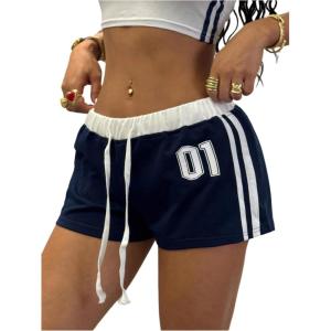 image:imageFloerns Womens Number Graphic Striped Mini Shorts Casual Drawstring Elastic Waist Track ShortsBlue