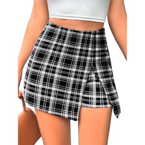 image:imageFloerns Womens Plaid Print Wrap Front Zipper Skorts High Waisted Split Hem ShortsBlack and White