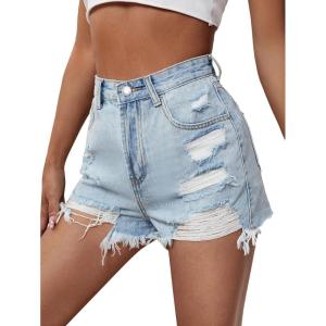 image:imageFloerns Womens Ripped Raw Hem High Wait Straight Leg Solid Denim ShortsLight Wash
