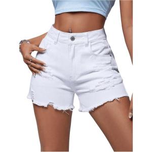 image:imageFloerns Womens Ripped Raw Hem High Wait Straight Leg Solid Denim ShortsWhite