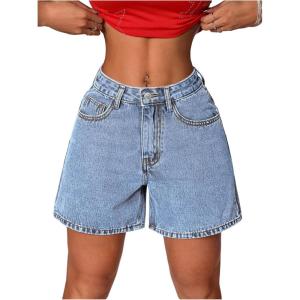 image:imageFloerns Womens Straight Leg Denim Shorts Mid Waist Casual Short Jeans with PocketsLight Wash