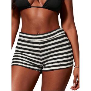image:imageFloerns Womens Striped Crochet Micro Shorts Y2k Knit Booty Summer Beach Mini ShortsBlack
