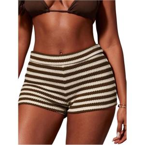 image:imageFloerns Womens Striped Crochet Micro Shorts Y2k Knit Booty Summer Beach Mini ShortsCoffee Brown