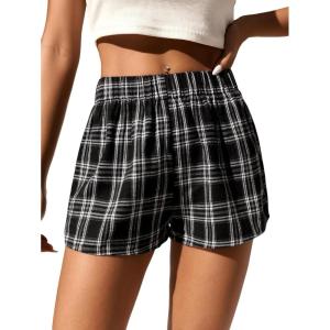 image:imageFloerns Womens Striped Print Elastic High Waist Wide Leg Casual ShortsBlack White Multi