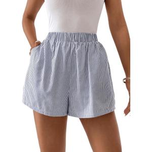 image:imageFloerns Womens Striped Print Elastic High Waist Wide Leg Casual ShortsBlue and White