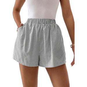 image:imageFloerns Womens Striped Print Elastic High Waist Wide Leg Casual ShortsGrey