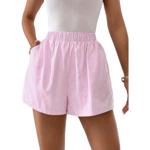 image:imageFloerns Womens Striped Print Elastic High Waist Wide Leg Casual ShortsPink