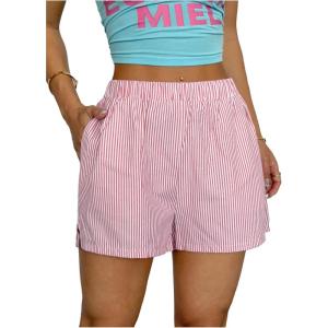 image:imageFloerns Womens Striped Print Elastic High Waist Wide Leg Casual ShortsRed and White