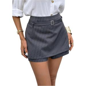 image:imageFloerns Womens Striped Skorts High Waisted A Line Belted Skirt Shorts Business Casual OutfitGrey Pinstripe