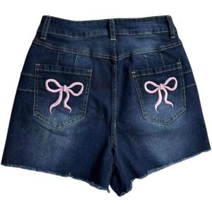 image:imageFloerns Womens Summer High Waisted Skinny Denim Shorts Bow Embroidery Straight Leg Raw Trim Jeans ShortsBlue