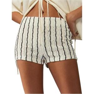 image:imageFloerns Womens Textured Striped Mini Shorts Elastic Low Waisted Skinny Lounge ShortsApricot and Black