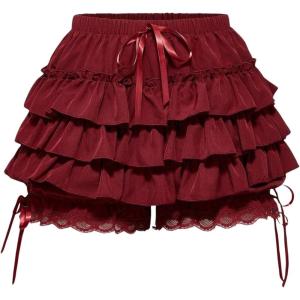 image:imageFloerns Womens Y2K Bloomer Shorts Elastic Waist Lace Ruffle Layered Kawaii Cute Mini ShortsRed